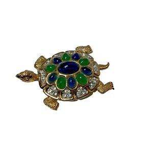 Vtg D'ORLAN Gold‎ Plated GREEN BLUE Cabochons TURTLE Pin Brooch Rhinestones